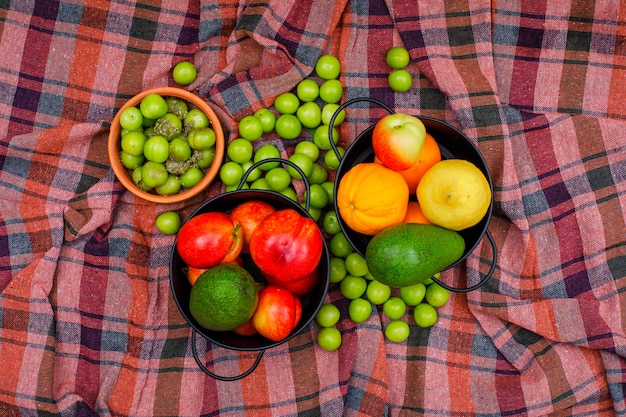 Frutas cítricas en dos cacerolas y un tazón sobre tela de picnic, vista superior.
