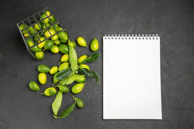 frutas cítricos con hojas junto a la canasta y cuaderno blanco