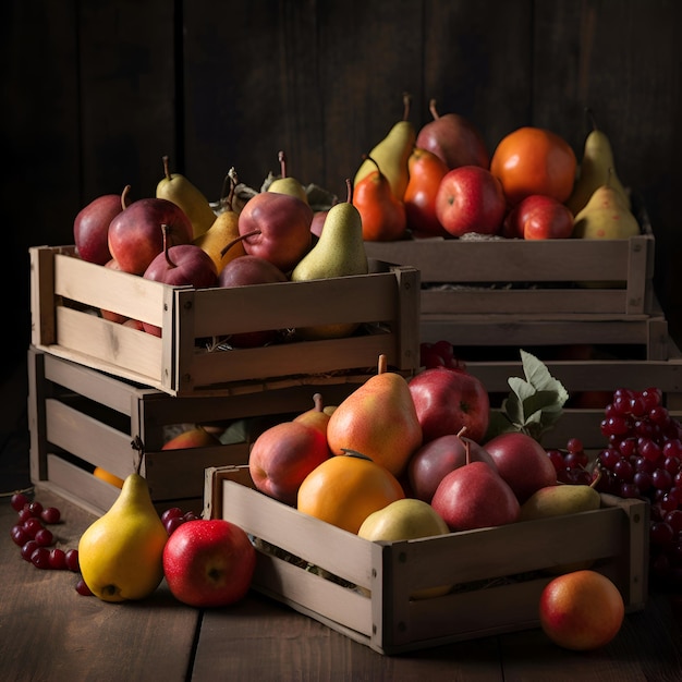 Frutas frescas en cajas de madera sobre un fondo de madera rústico enfoque selectivo