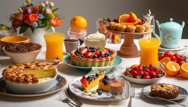 Frutas frescas decoran postres gourmet en mesa generada por IA