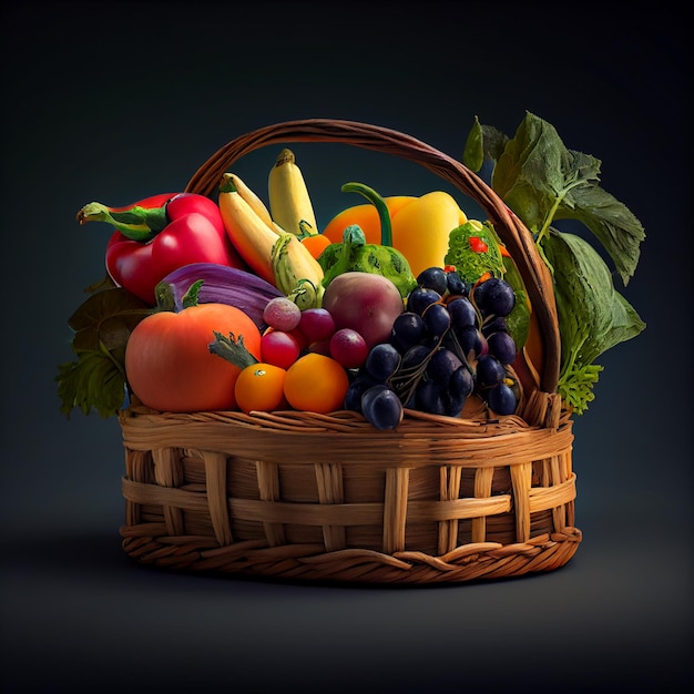 Frutas frescas y saludables en canasta de paja IA generativa