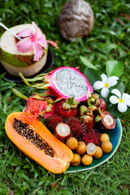 Frutas tropicales de la región de Asia Tailandia sobre el césped
