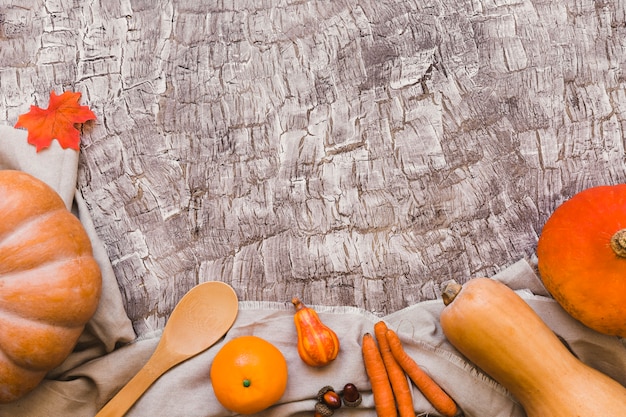 Frutas y verduras de naranja que mienten cerca de la cuchara