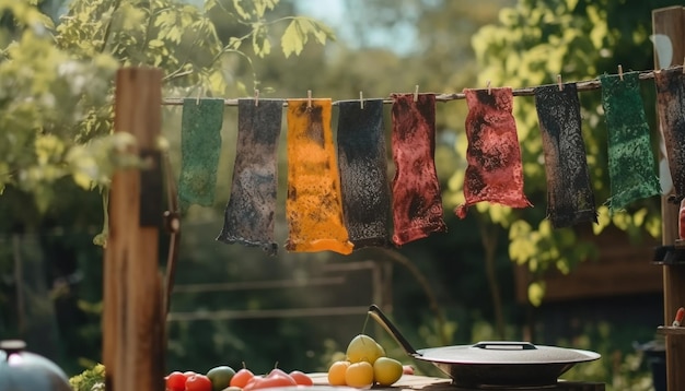 Frutas y verduras recién cortadas que se secan al aire libre generadas por IA