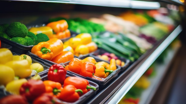 Frutas y verduras variadas en una tienda de comestibles borrosas para el efecto de fondo