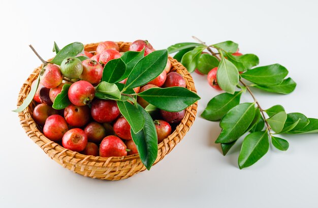 Frutos rojos en una cesta de mimbre con hojas