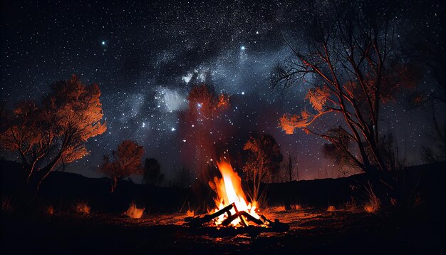 El fuego nocturno ilumina la hoguera natural en la oscuridad al aire libre generada por IA