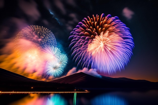 Foto gratuita fuegos artificiales en el cielo con una montaña al fondo