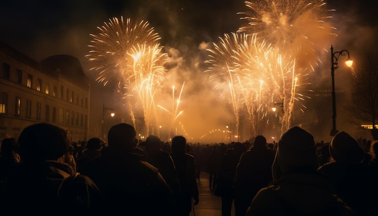 Foto gratuito los fuegos artificiales explosivos iluminan el cielo nocturno brillantemente generado por ai