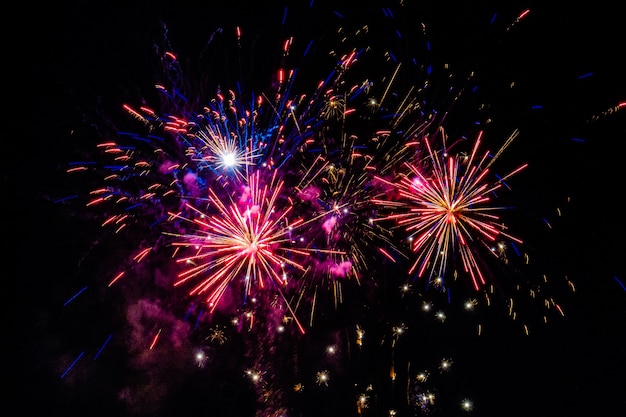 Fuegos artificiales multicolores explotando en el cielo por la noche