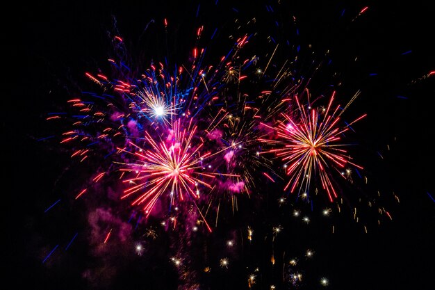 Fuegos artificiales multicolores explotando en el cielo por la noche