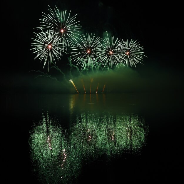 Fuegos artificiales verdes por la noche