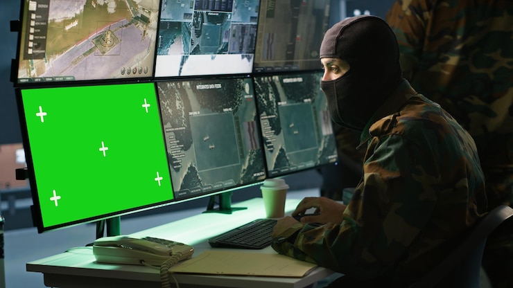 Foto gratuito las fuerzas especiales examinan los datos en la sala de monitoreo con monitores de clave cromática.