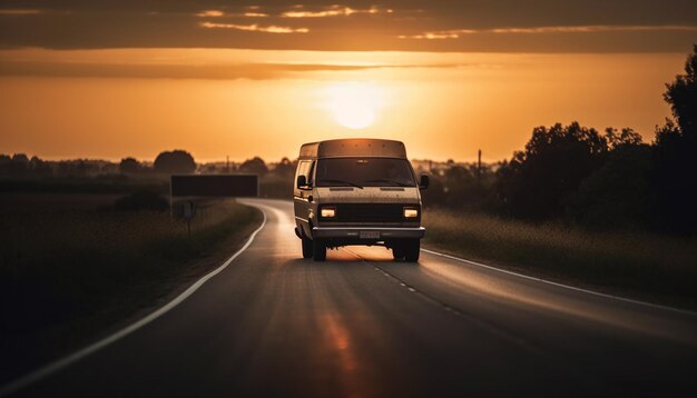 Una furgoneta conduciendo por una carretera con la puesta de sol detrás de ella