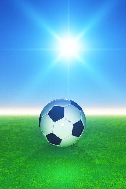 Fútbol 3D en pitcch herboso contra el cielo azul soleado