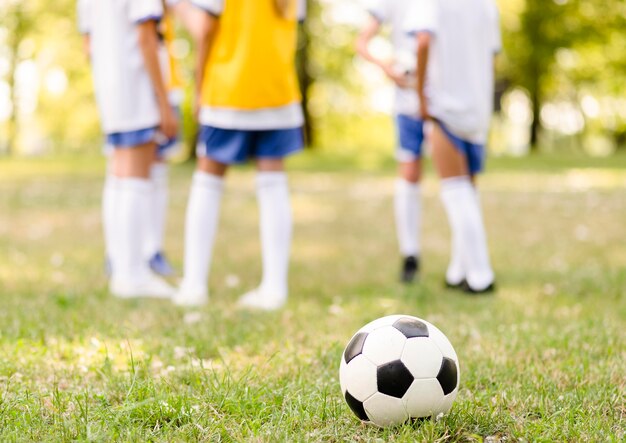 Fútbol en pasto junto a niños.