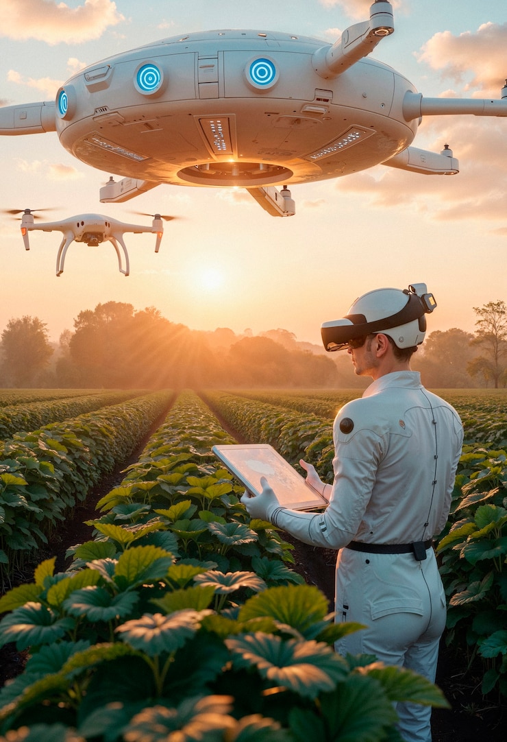 Foto gratuito futuristic farmer inspecting crops with drones and vr headset