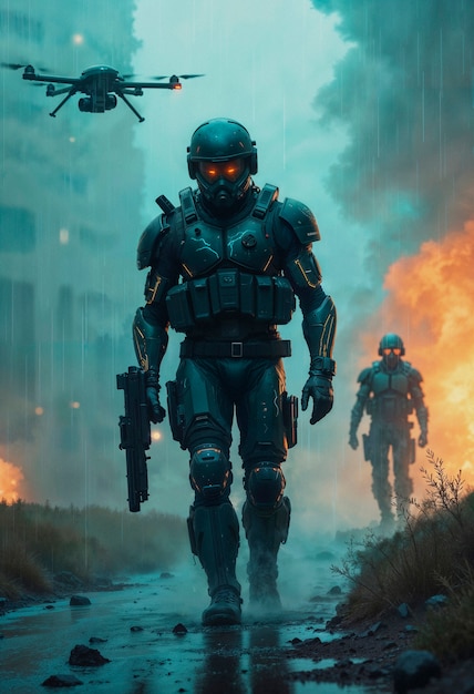 Futuristic soldier in a war zone with a drone