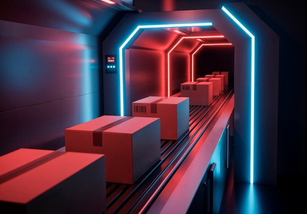 Futuristic warehouse conveyor belt with packages