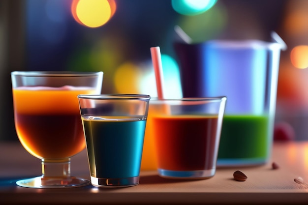 Foto gratuita gafas de colores sobre una mesa con líquido de colores en el fondo