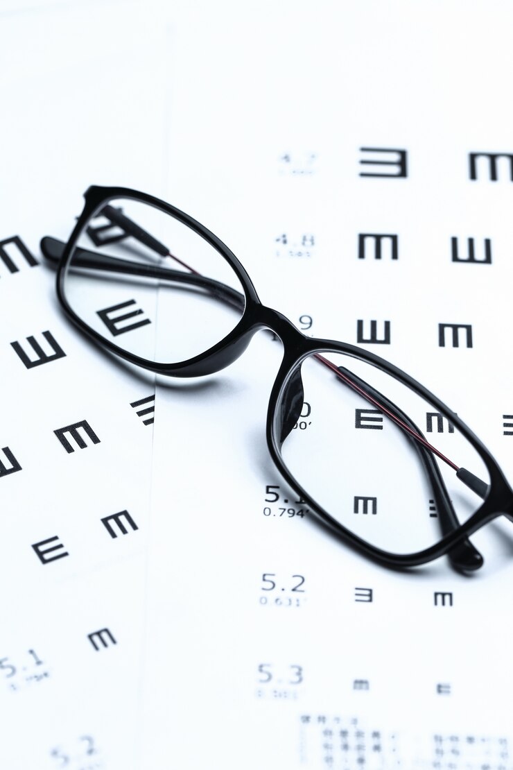 Gafas y gráfico de ojos sobre fondo blanco
