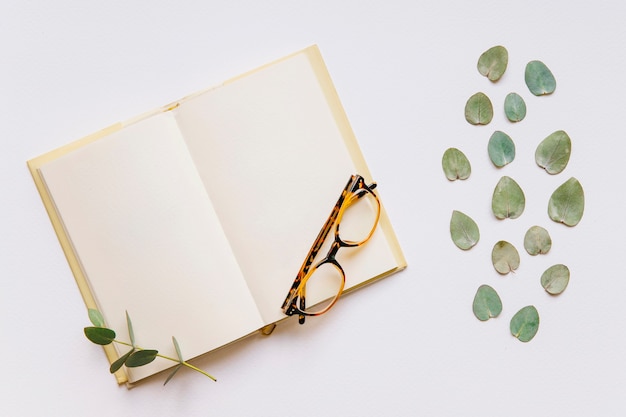 Foto gratuita gafas en libro al lado de hojas