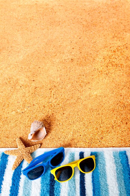 Gafas de sol, estrella de mar y concha de mar en la playa