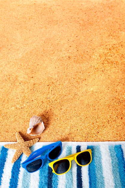 Gafas de sol, estrella de mar y concha de mar en la playa