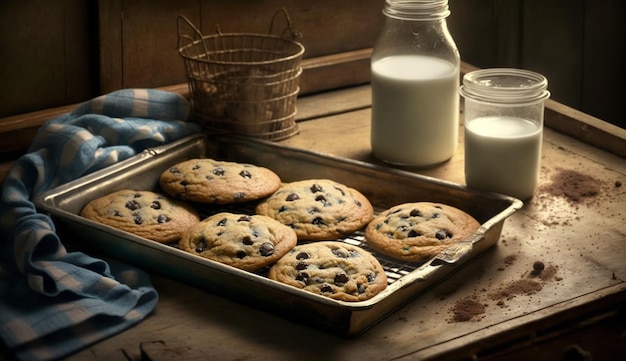 Foto gratuita galleta con chispas de chocolate casera en mesa rústica ia generativa