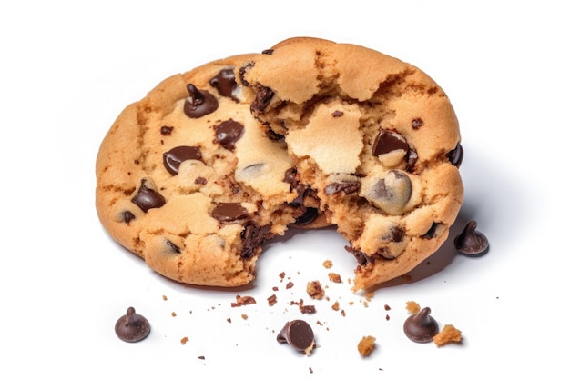 Galletas de chispas de chocolate rotas aisladas sobre fondo blanco Ai generativo