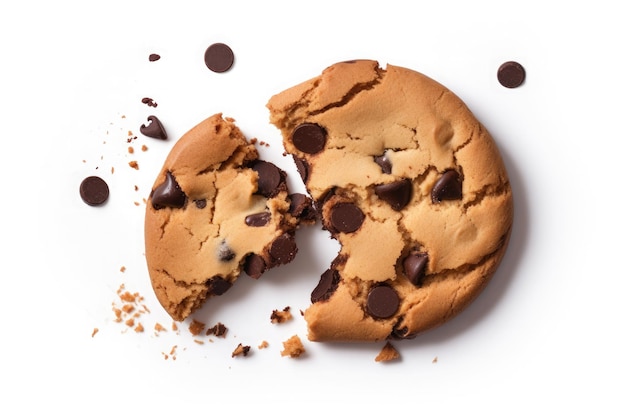 Galletas de chispas de chocolate rotas aisladas sobre fondo blanco Ai generativo