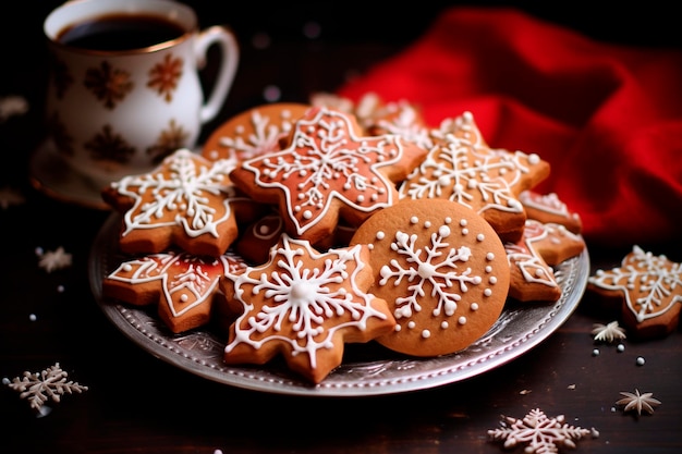 Foto gratuita galletas de estrella de navidad en mesa de madera y fondo de luz borrosa