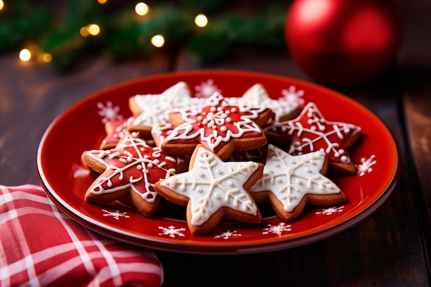 Foto gratuita galletas de estrella de navidad en mesa de madera y fondo de luz borrosa