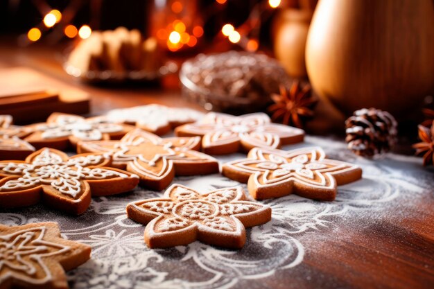 Galletas de estrellas navideñas Hacer galletas de jengibre para las fiestas Masa de pan de jengibre Fondo para hornear de Navidad Forma para cortar pan de jengibre Feliz Navidad y felices fiestas en una mesa de madera