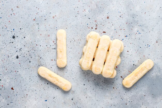 Galletas Ladyfingers, Savoiardi, bizcochos dulces, vista superior