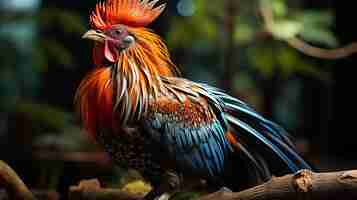 Foto gratuita gallo colorido en la rama de un árbol en un zoológico cerrar