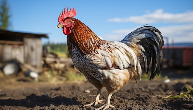 Foto gratuita un gallo joven de pie en un prado en una granja generada por inteligencia artificial