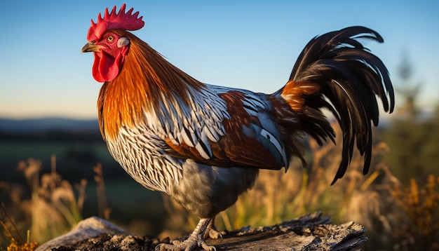 Foto gratuita un gallo majestuoso de pie en el prado mirando el amanecer generado por la inteligencia artificial