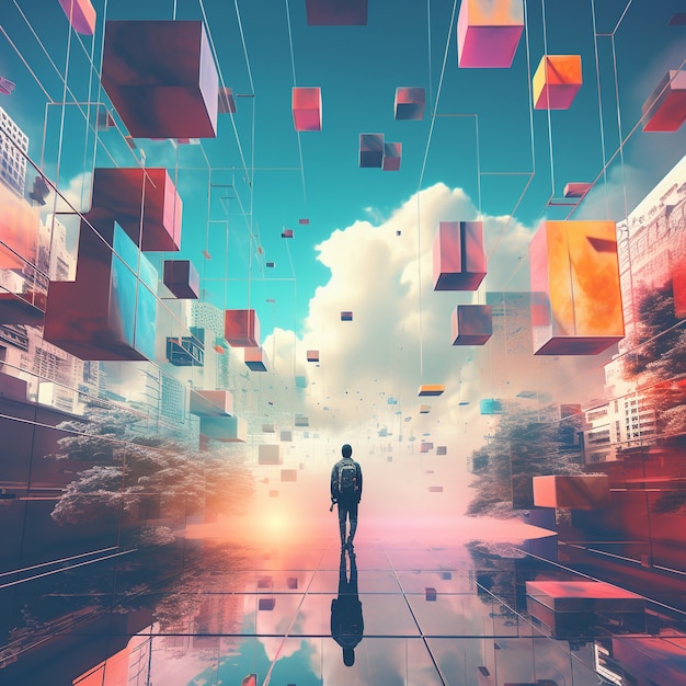 Gambar panjang orang dewasa di alam dengan bentuk geometris 3D
