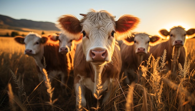 Ganado pastando en un prado verde un atardecer pacífico en la naturaleza generado por inteligencia artificial