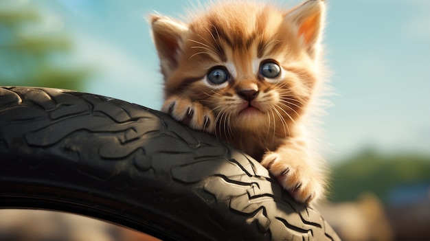 Gatito de aspecto adorable con neumático de goma