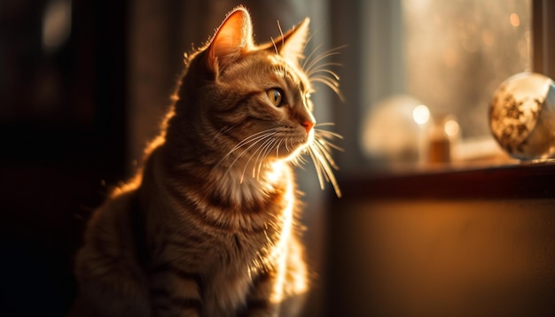 Gatito esponjoso mirando por la ventana a la luz del sol generada por IA