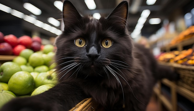 Foto gratuita un gatito lindo mirando fijamente a la cámara comiendo fruta fresca generada por inteligencia artificial