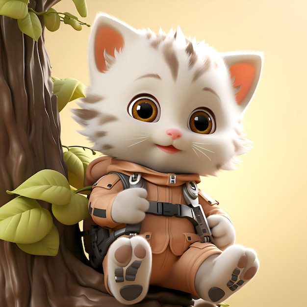 Foto gratuita un gatito lindo con una mochila subiendo a un árbol ilustración 3d