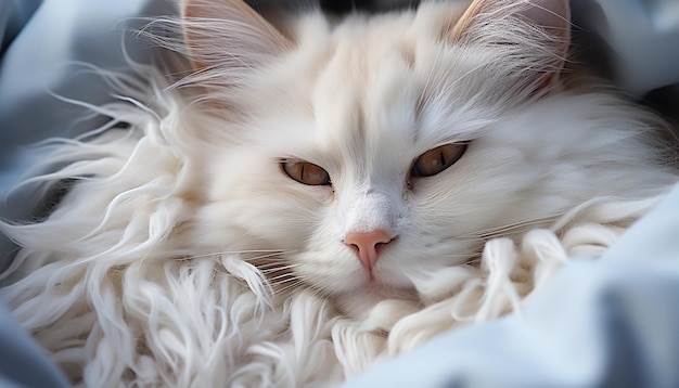 Foto gratuita un gatito lindo con pelaje esponjoso durmiendo pacíficamente en una cama generada por inteligencia artificial