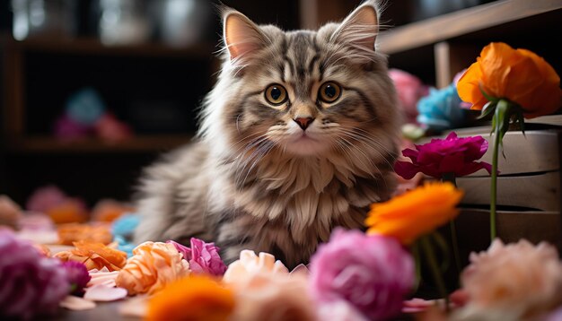 Un gatito lindo sentado al aire libre mirando una flor con ojos encantadores generados por inteligencia artificial