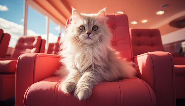 Foto gratuita un gatito lindo sentado en una cómoda silla mirándote generado por inteligencia artificial