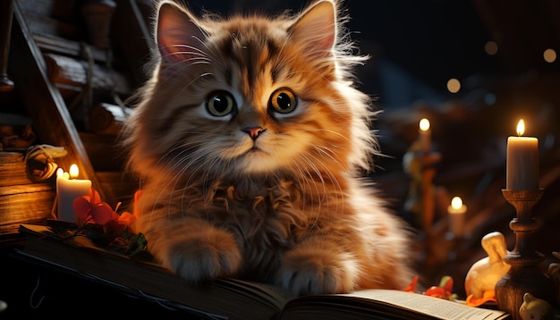 Foto gratuita un gatito lindo sentado junto a una vela leyendo un libro generado por la inteligencia artificial