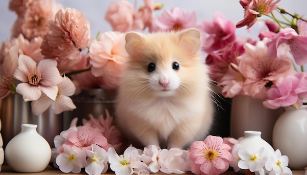 Foto gratuita un gatito lindo sentado en una mesa rodeado de flores rosadas generadas por inteligencia artificial