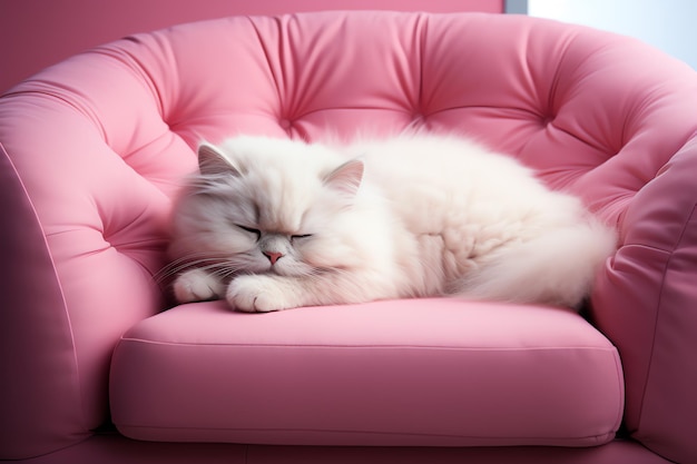 Foto gratuita gato blanco durmiendo en un sofá rosa imagen generada por ia